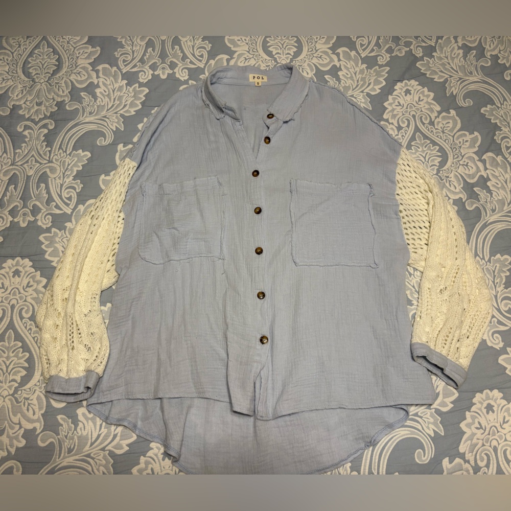 POL Light Blue Oversized Shirt with Cream Crocheted Sleeves